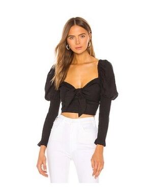 Bardot Black Puff-Sleeve Tie-Front Crop Top